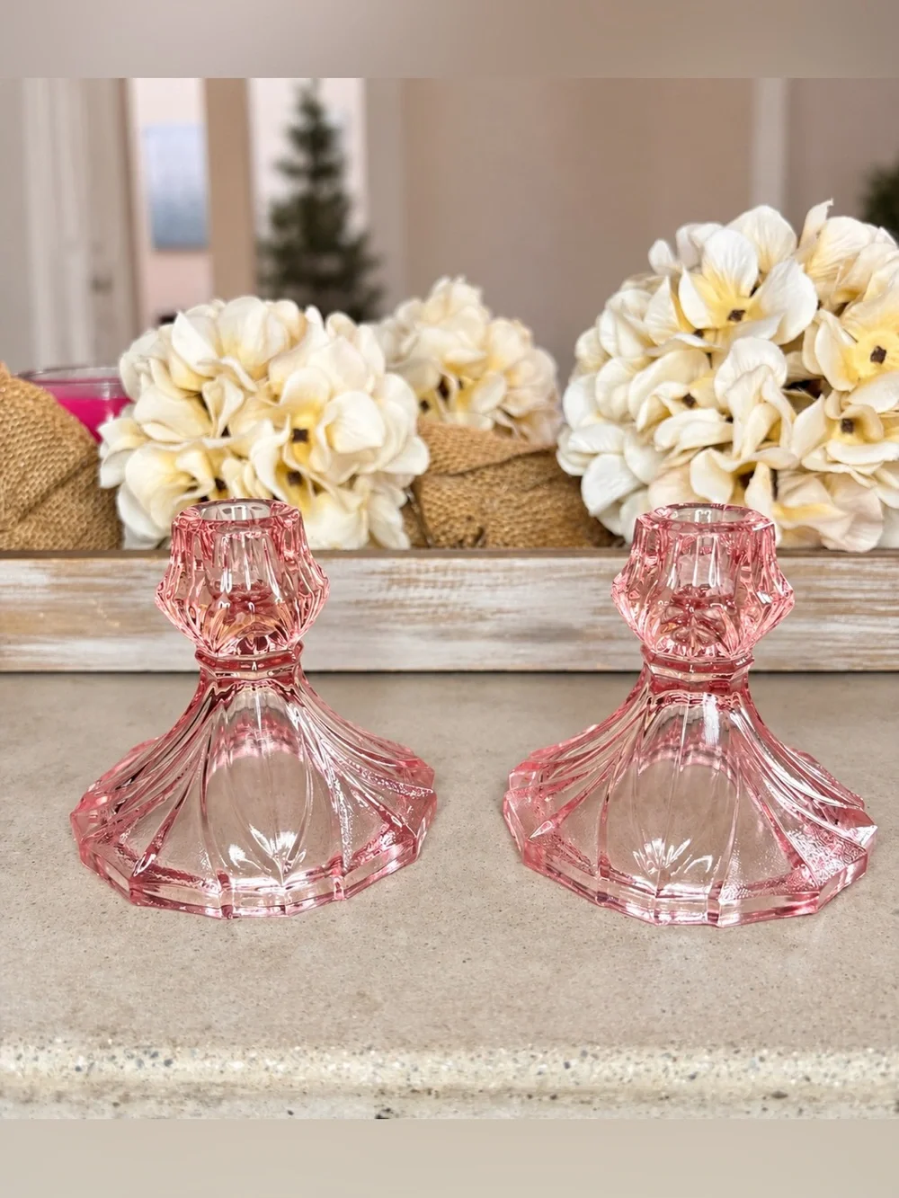 Vintage-Style Pink Glass Candlestick Pair